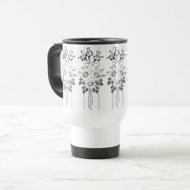 Baroque Wallpaper Flower bouquet grey Travel Mug (Front Left)
