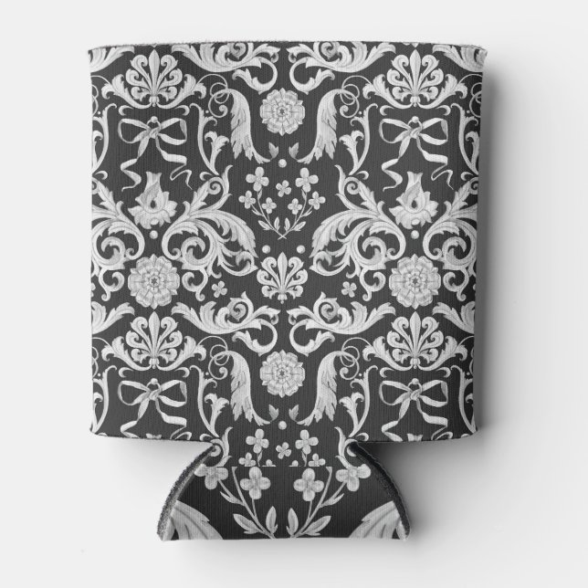 Baroque watercolor: rococo black, white. can cooler (Front)