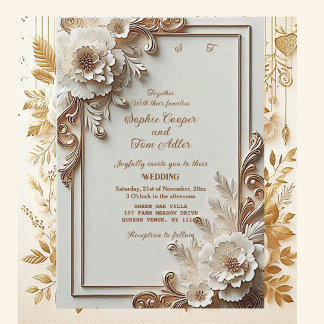 Baroque White Flowers Opulence Ivory Gold Frame  Invitation