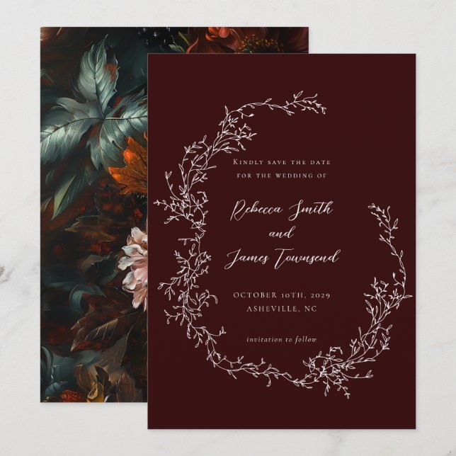 Baroque Wreath Fine Art Painting Burgundy Wedding Save The Date (Front/Back)