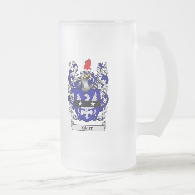 BARR FAMILY CREST -  BARR COAT OF ARMS FROSTED GLASS BEER MUG (Right)