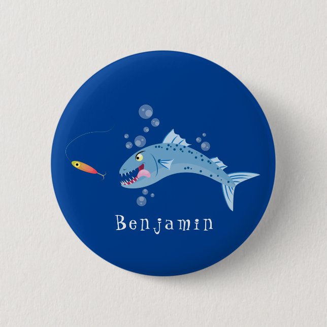 Barracuda fish hungry fishing cartoon illustration 6 cm round badge (Front)