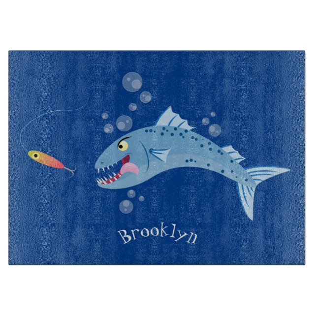 Barracuda fish hungry fishing cartoon illustration cutting board (Front)