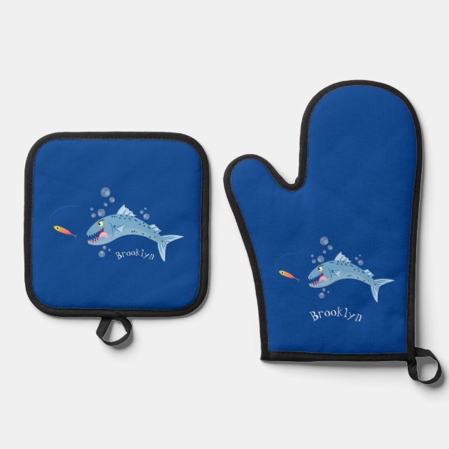 Barracuda fish hungry fishing cartoon illustration oven mitt & pot holder set (Front)