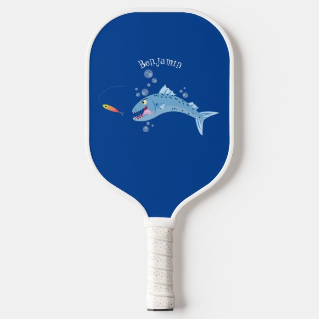 Barracuda fish hungry fishing cartoon illustration pickleball paddle (Front)