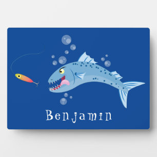 Barracuda fish hungry fishing cartoon illustration plaque