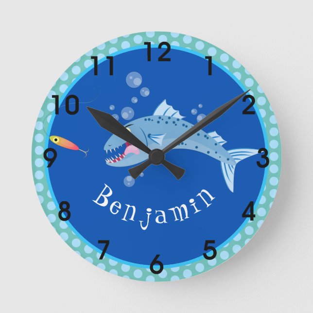 Barracuda fish hungry fishing cartoon illustration round clock (Front)