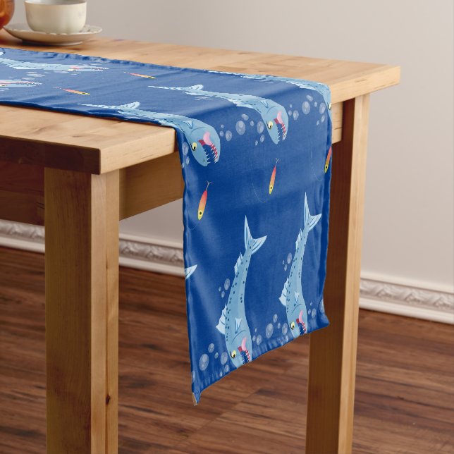 Barracuda fish hungry fishing cartoon illustration short table runner (In Situ)