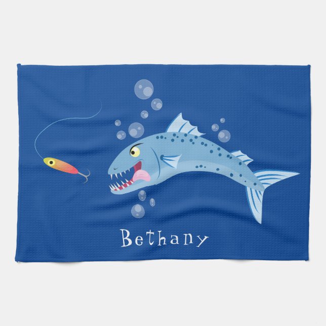 Barracuda fish hungry fishing cartoon illustration tea towel (Horizontal)