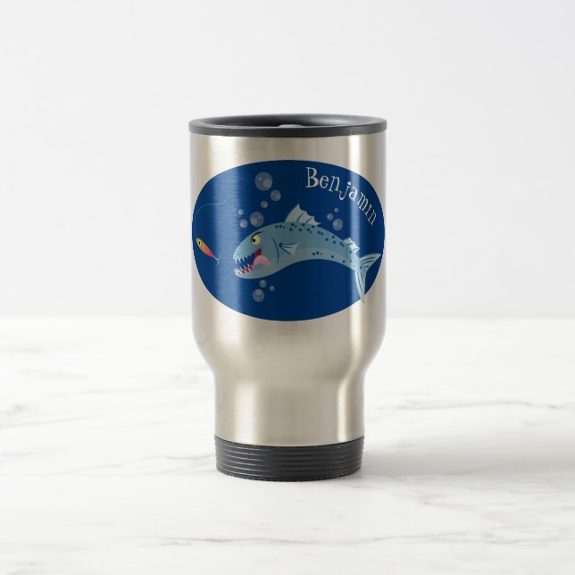 Barracuda fish hungry fishing cartoon illustration travel mug (Center)