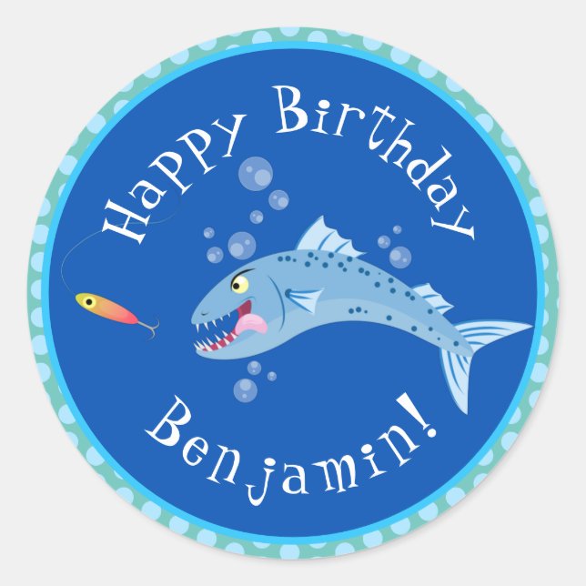 Barracuda fishing cartoon personalised birthday classic round sticker (Front)