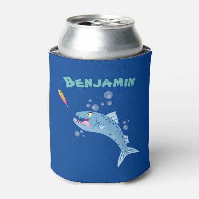 Barracuda hungry fishing cartoon illustration can cooler (Can Front)