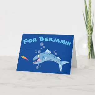 Barracuda hungry fishing cartoon illustration card