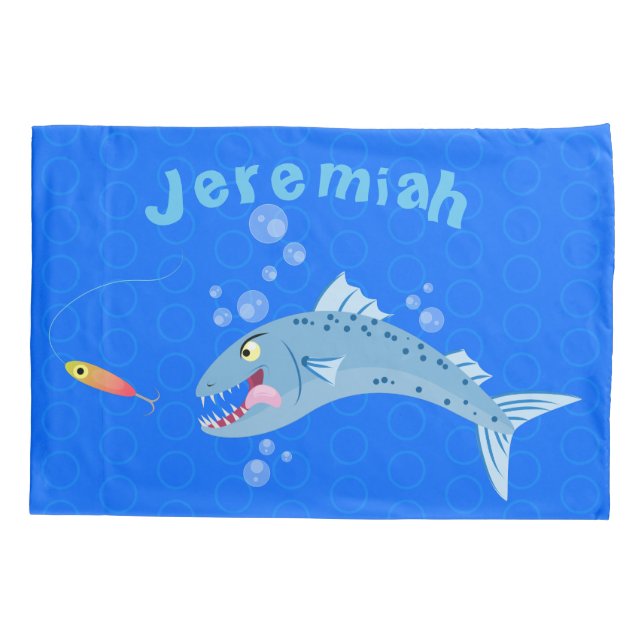 Barracuda hungry fishing cartoon illustration pillowcase (Back)