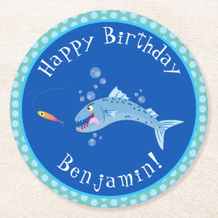 Barracuda hungry fishing cartoon illustration round paper coaster