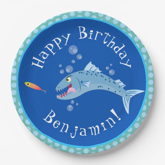 Barracuda hungry fishing cartoon personalised paper plate (Front)