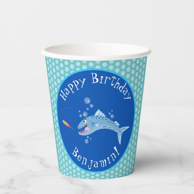 Barracuda hungry fishing personalised birthday paper cups (Front)