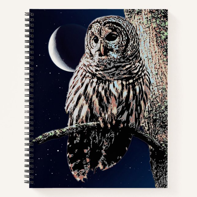 Barred Owl and Crescent Moon in Starry Sky Notebook (Front)