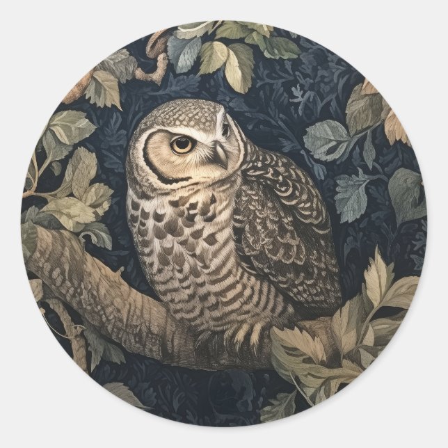 Barred Owl in a Night Forest William Morris Style Classic Round Sticker (Front)