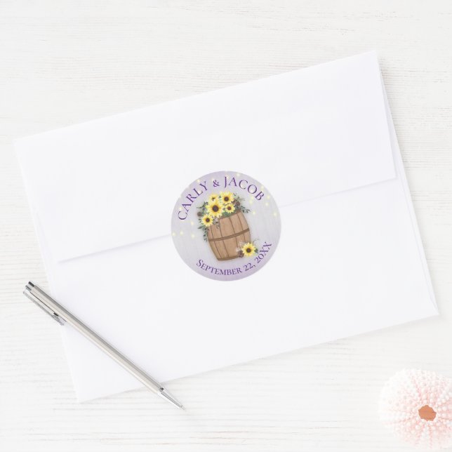 Barrel of Sunflowers Purple Classic Round Sticker (Envelope)