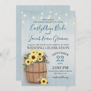 Barrel of Sunflowers Rustic Wood and Lights Invitation