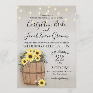 Barrel of Sunflowers Rustic Wood and Lights Invitation