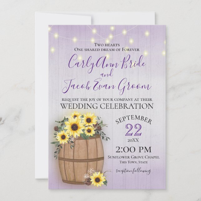 Barrel of Sunflowers Rustic Wood and Lights Purple Invitation (Front)