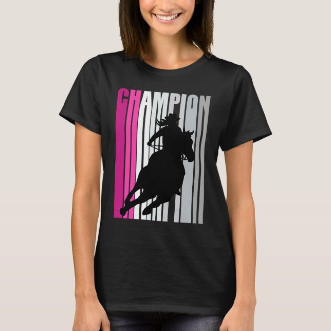 Barrel Racing Champion Horse Riding Pink Retro Cow T-Shirt (Front)