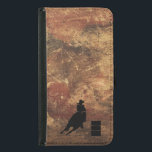 Barrel Racing Girl Silhouette on a Grunge Texture Samsung Galaxy S5 Wallet Case<br><div class="desc">Exciting and rustic rodeo themed illustration. Silhouette of a cowgirl barrel racing with her horse. Background is a rough weathered brown and red toned earthy grunge texture. Great for rodeo enthusiasts and horse lovers.</div>