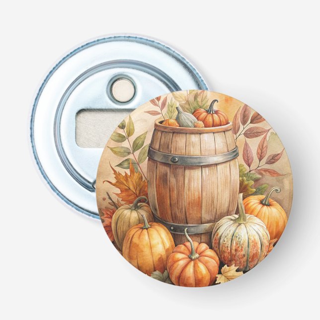 Barrel with Pumpkins Fall Bottle Opener (Front)