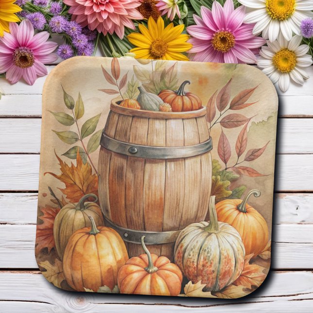 Barrel with Pumpkins Fall Paper Plate (Creator Uploaded)