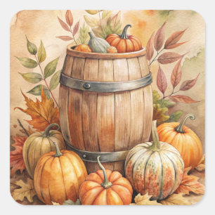 Barrel with Pumpkins Fall Square Sticker