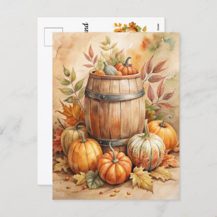 Barrel with Pumpkins - Welcome Fall Holiday Postcard