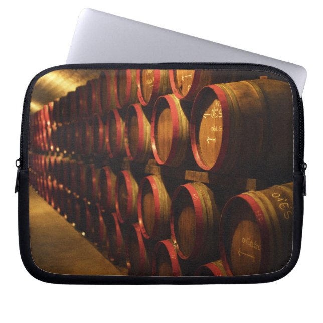 Barrels of Tokaj wine stacked in the Disznoko Laptop Sleeve (Front)