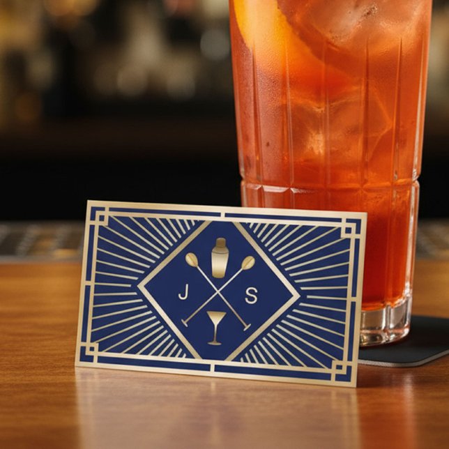 Bartender Bar Club Modern Navy Blue Gold Art Deco Business Card (Creator Uploaded)