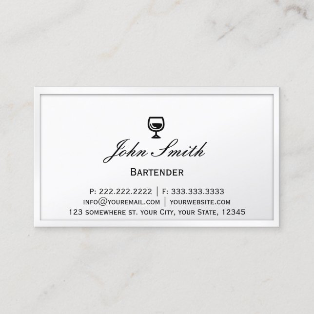 Bartender Elegant White Border Business Card (Front)