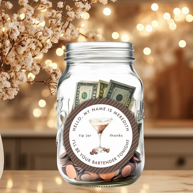 Bartender Espresso Martini Tip Jar Classic Round Sticker (Bartender Espresso Martini Cocktail Theme Elegant Stripes Personalized Tip Jar)