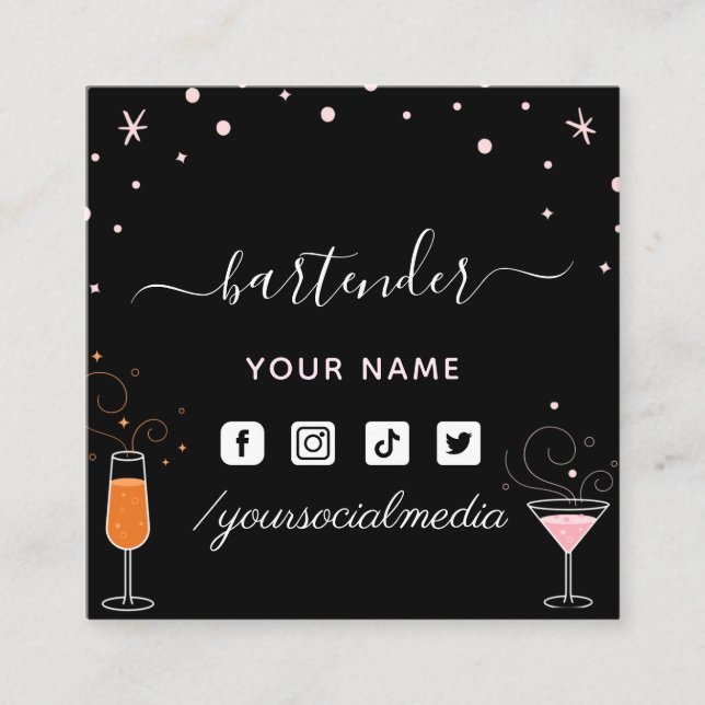Bartender Glamourous Cocktail Signature Calligraph Square Business Card (Front)