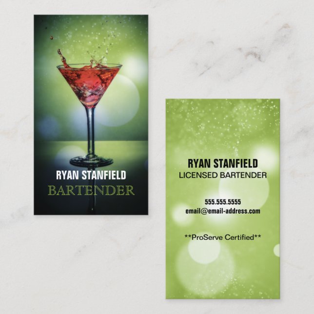 Bartender Green Bokeh Business Card (Front/Back)