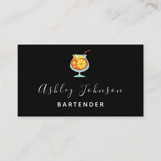 Bartender Sommelier Tropical Cocktail Pretty Black Business Card (Front)