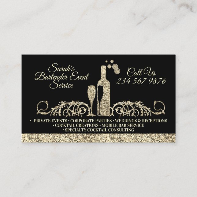 Bartender sparkling gold printed business card (Front)