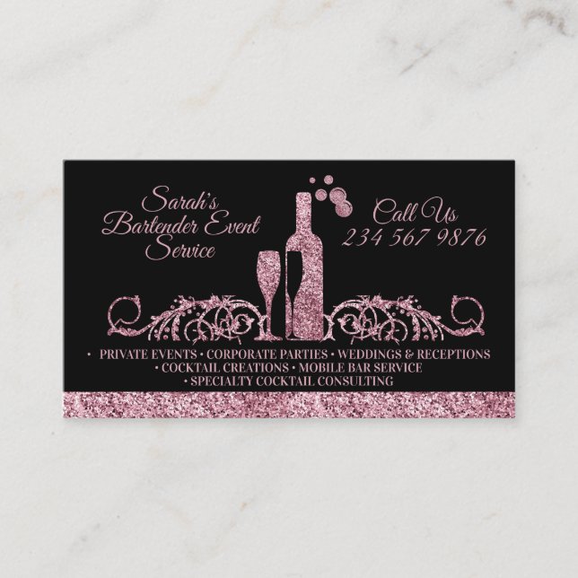 Bartender sparkling pink Black Business Card (Front)