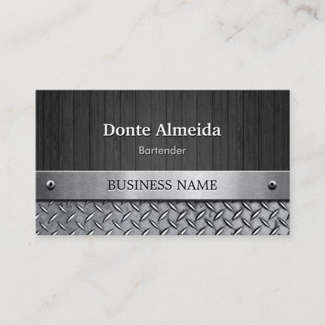 Bartender - Wood and Metal Look Business Card (Front)
