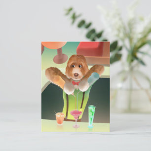 Bartending Dog in Retro Bar Announcement Postcard