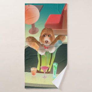 Bartending Dog in Retro Bar Bath Towel Set