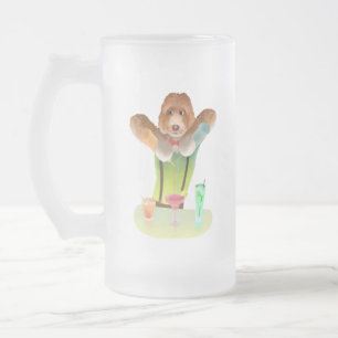 Bartending Dog in Retro Bar Frosted Glass Beer Mug
