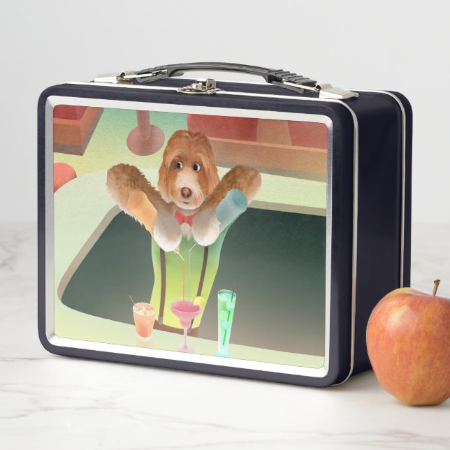Bartending Dog in Retro Bar Metal Lunch Box (In Situ)