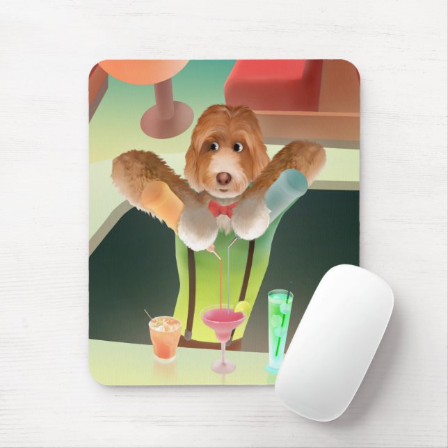 Bartending Dog in Retro Bar Mouse Mat (With Mouse)