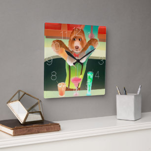 Bartending Dog in Retro Bar Square Wall Clock