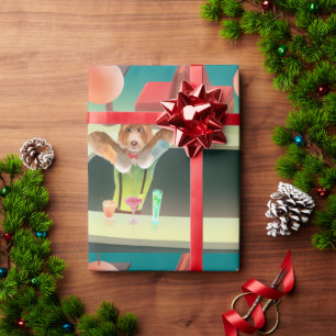 Bartending Dog in Retro Bar Wrapping Paper